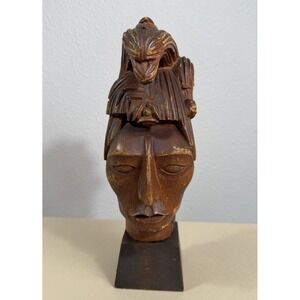 Vtg Pinal Carved Wood Sculpture Mexican Folk Art Statue Warrior Signed Aztec MCM